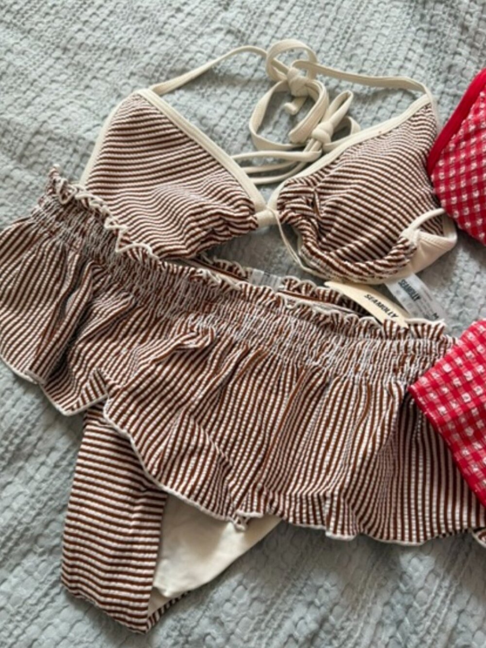 Seamolly Gingham Contrast Binding Smocked Ruffles Skirtini Bikini Set - BROWN